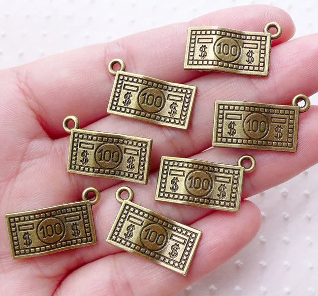 100 Dollar Note Charms One Hundred Dollar Bill Pendant (7pcs / 21mm x 13mm / Antique Bronze / 2 Sided) Money Cash Whimsy Kitsch CHM2186