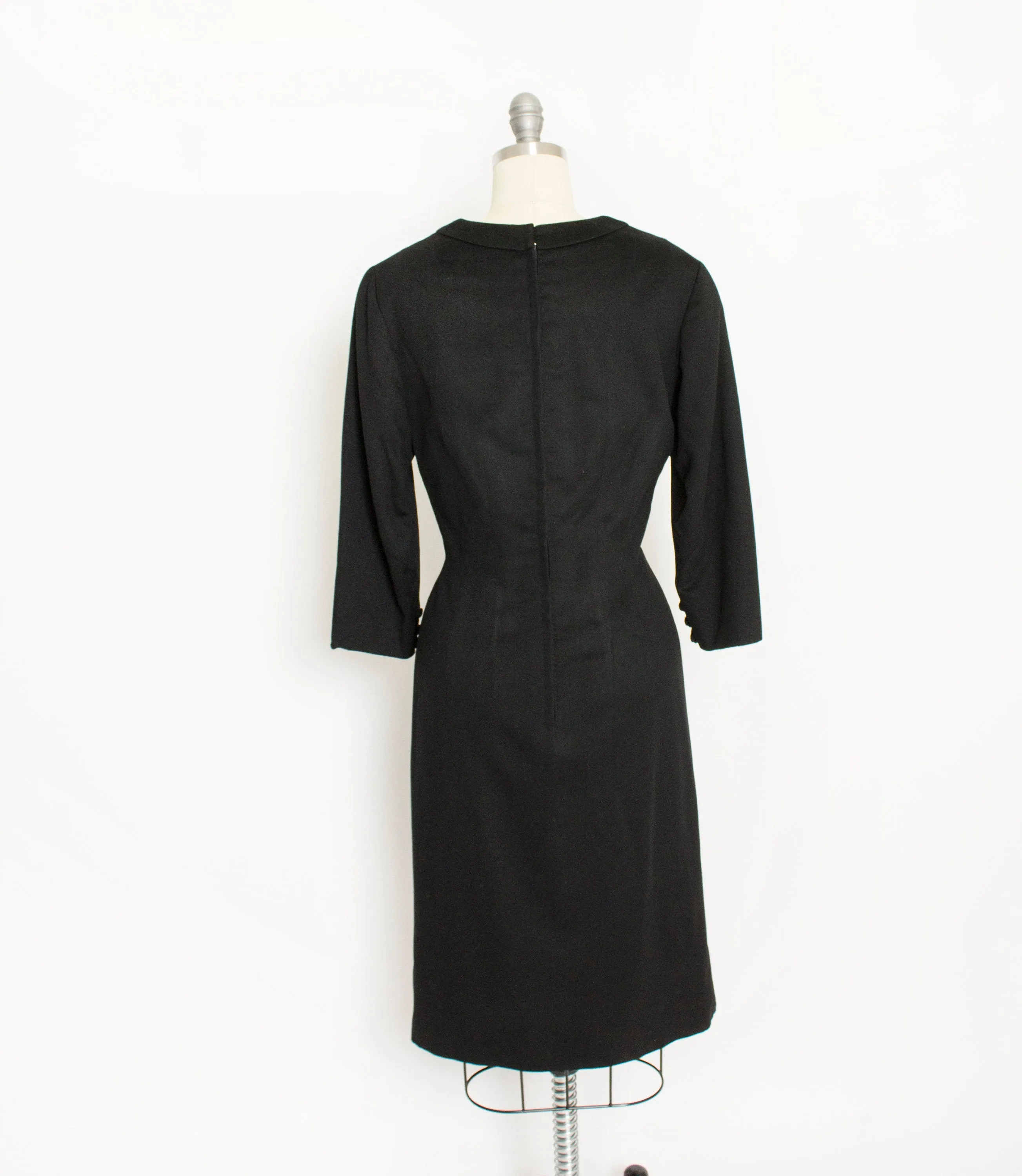 1950s Dress Black Wool Silk Fitted Wiggle Day M