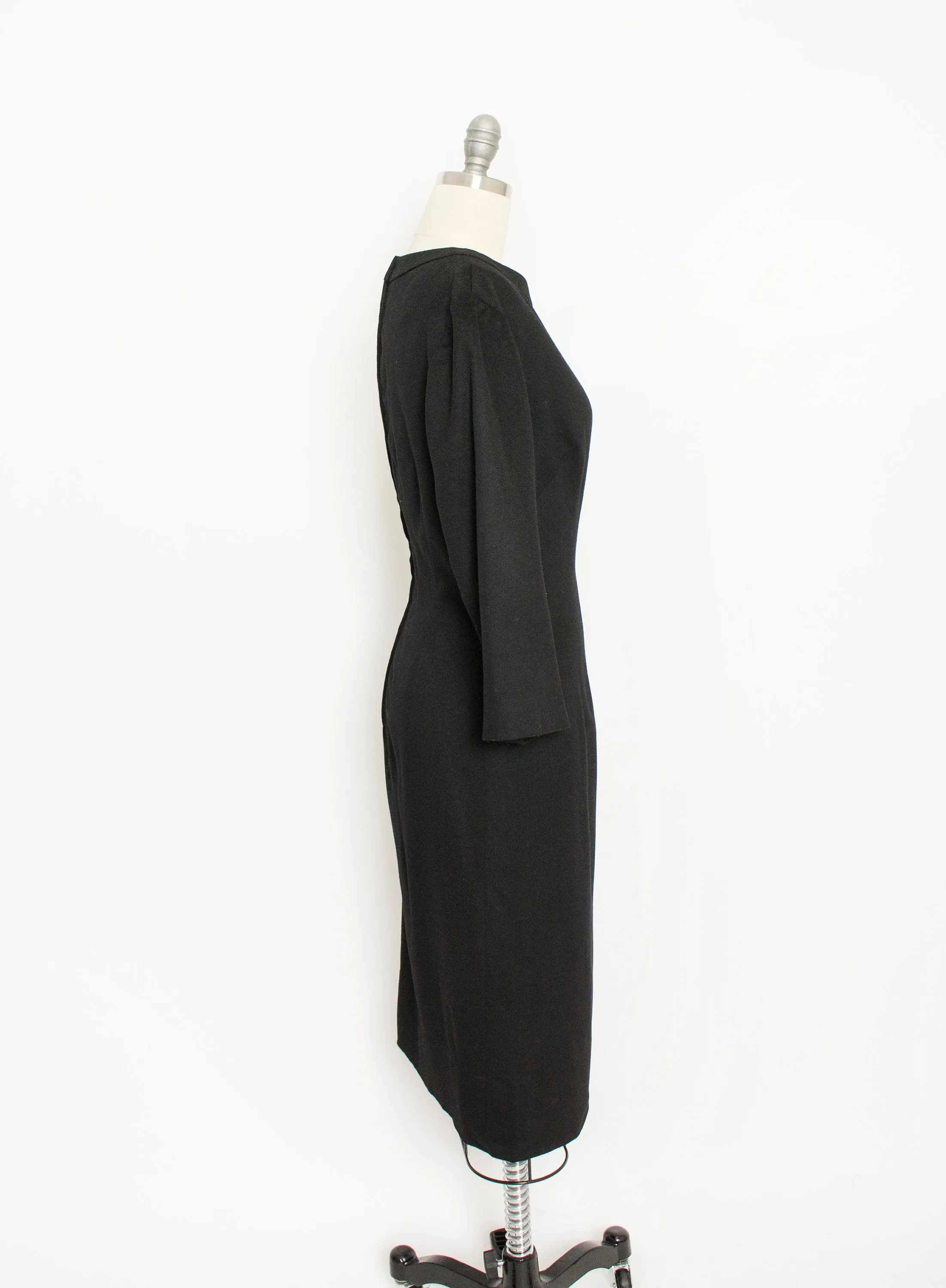 1950s Dress Black Wool Silk Fitted Wiggle Day M