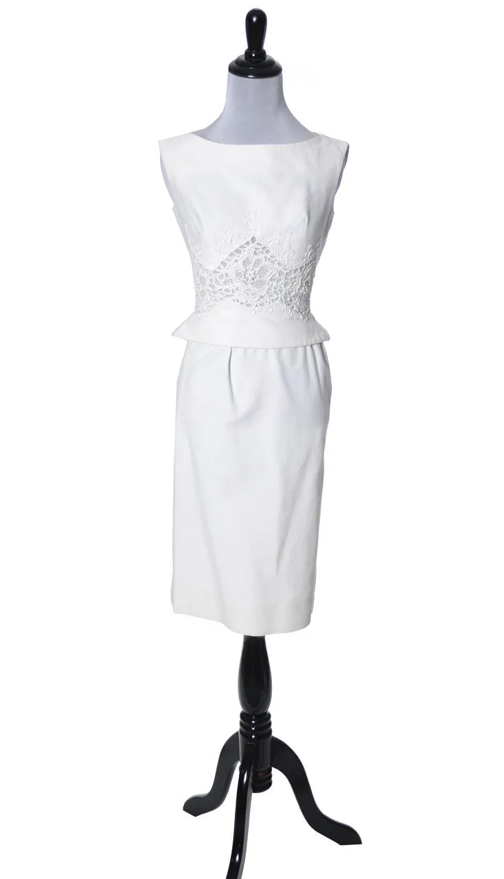 1960's Vintage Carlye White Pique Peplum & Lace 2 Piece Dress