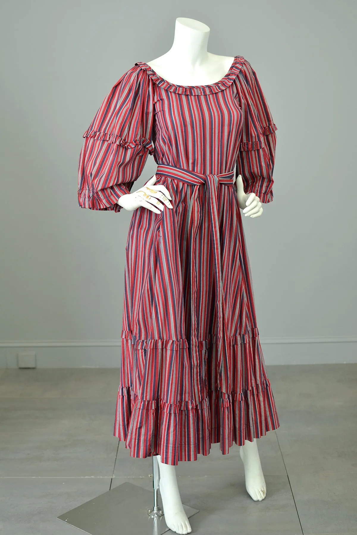 1980s Striped Cotton Peasant Dress with Puffy Bell Sleeves and Tiered Skirt by Laura Ashley