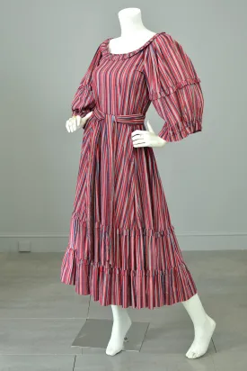 1980s Striped Cotton Peasant Dress with Puffy Bell Sleeves and Tiered Skirt by Laura Ashley