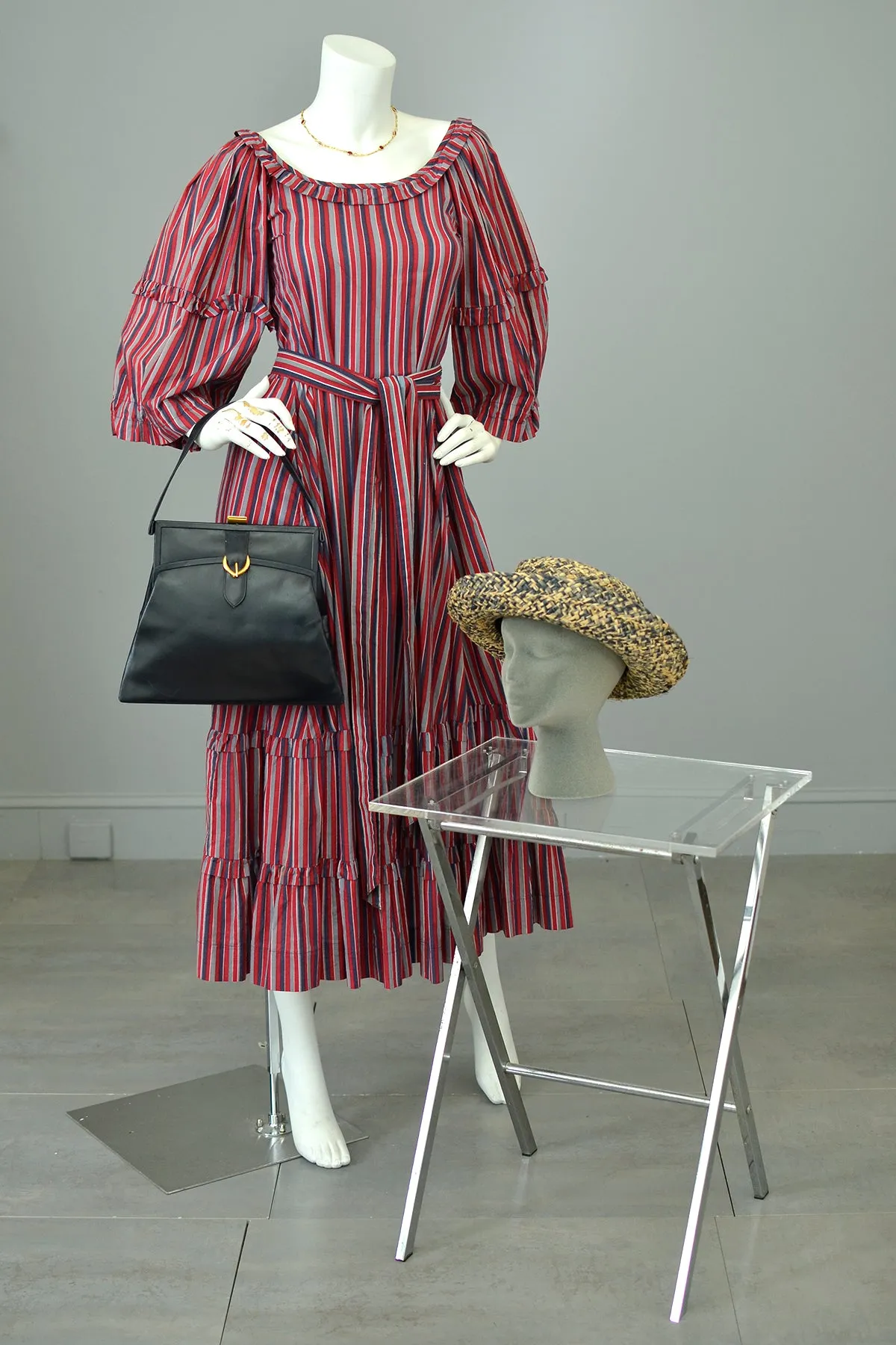 1980s Striped Cotton Peasant Dress with Puffy Bell Sleeves and Tiered Skirt by Laura Ashley