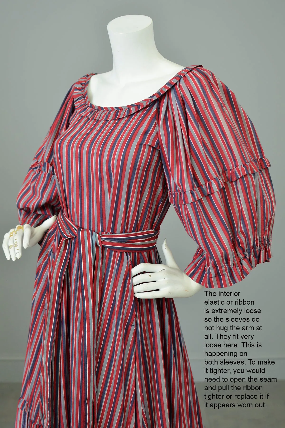 1980s Striped Cotton Peasant Dress with Puffy Bell Sleeves and Tiered Skirt by Laura Ashley