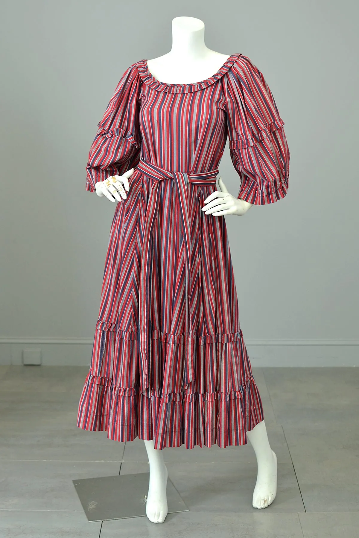 1980s Striped Cotton Peasant Dress with Puffy Bell Sleeves and Tiered Skirt by Laura Ashley