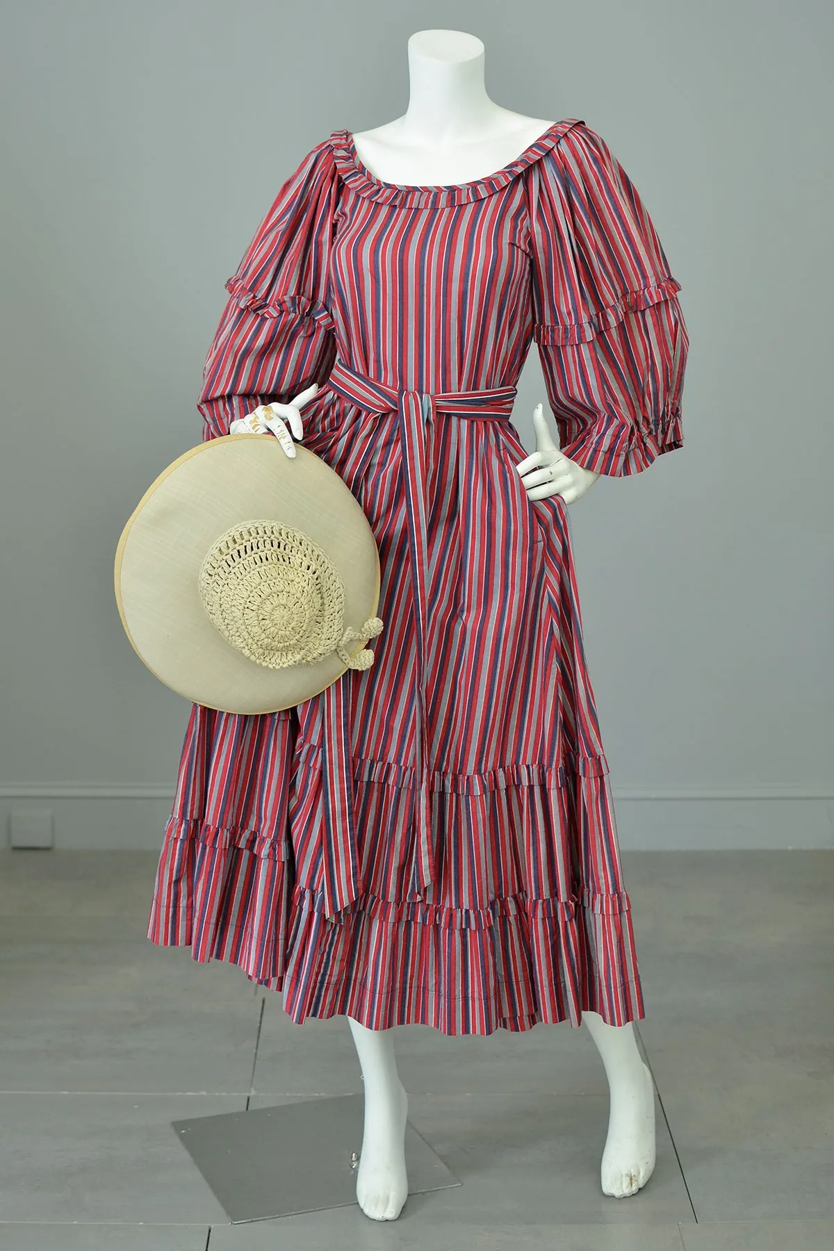 1980s Striped Cotton Peasant Dress with Puffy Bell Sleeves and Tiered Skirt by Laura Ashley