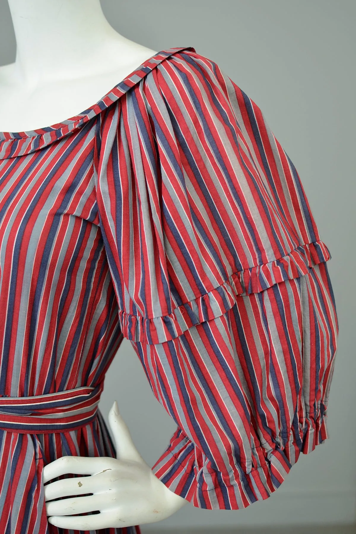 1980s Striped Cotton Peasant Dress with Puffy Bell Sleeves and Tiered Skirt by Laura Ashley