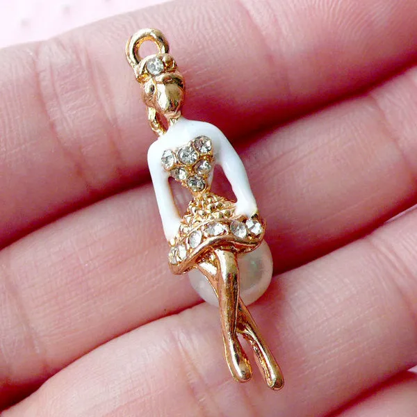 3D Lady Enamel Charm with Pearl & Rhinestones (1 piece / 9mm x 34mm / Gold and White) Ballerina Princess Whimsical Kitsch Jewelry CHM1735