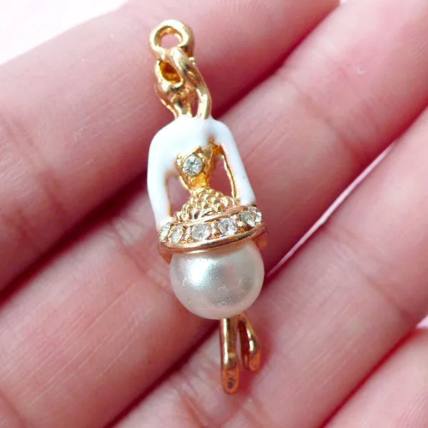 3D Lady Enamel Charm with Pearl & Rhinestones (1 piece / 9mm x 34mm / Gold and White) Ballerina Princess Whimsical Kitsch Jewelry CHM1735