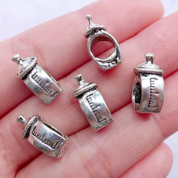 3D Milk Bottle Beads | Silver Baby Bottle Bead | European Bead Supplies | Big Hole Focal Bead | Newborn Gift Making | Baby Shower Decor (5pcs / Tibetan Silver / 7mm x 15mm / 2 Sided)