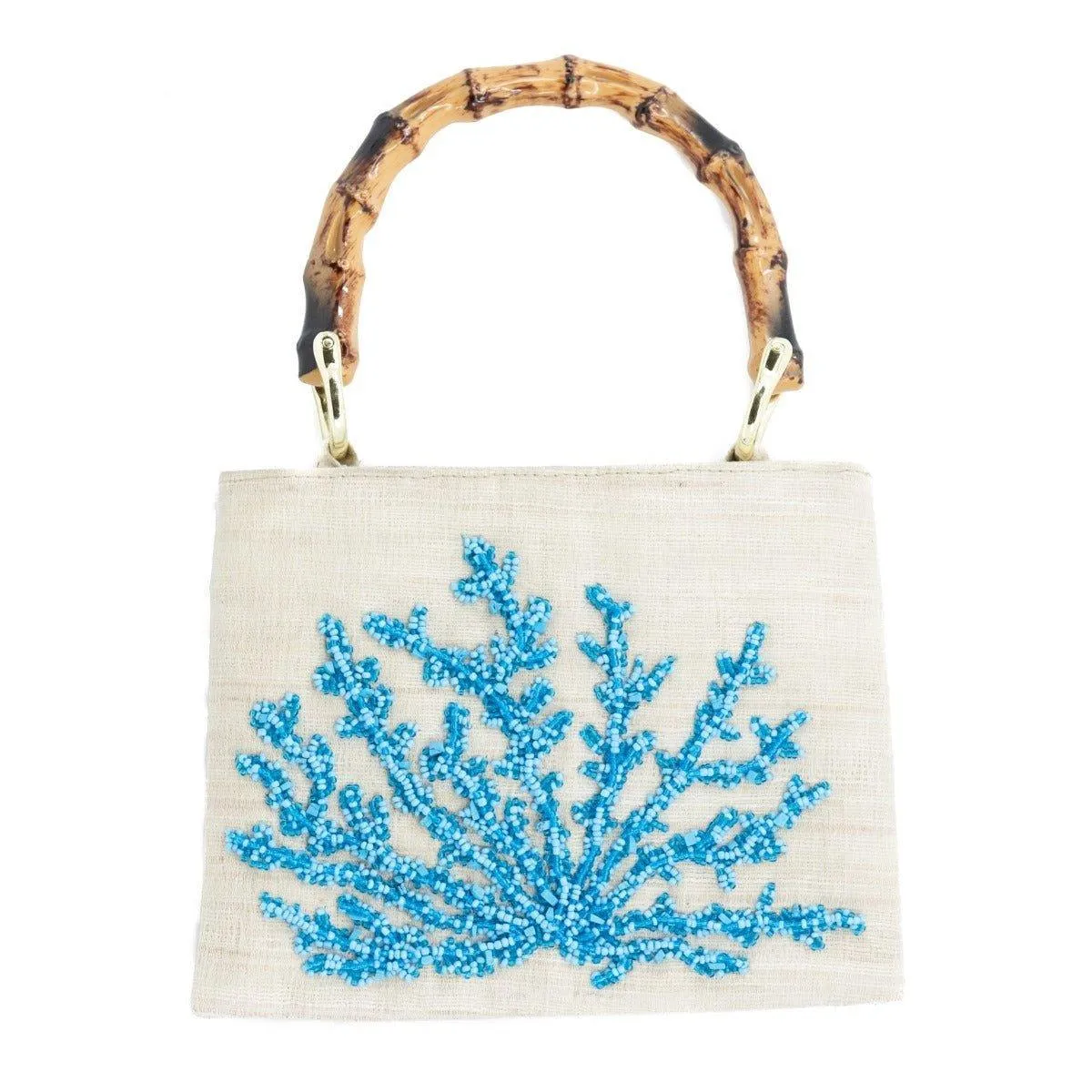 Beaded Blue Coral Handbag with Bamboo Handle