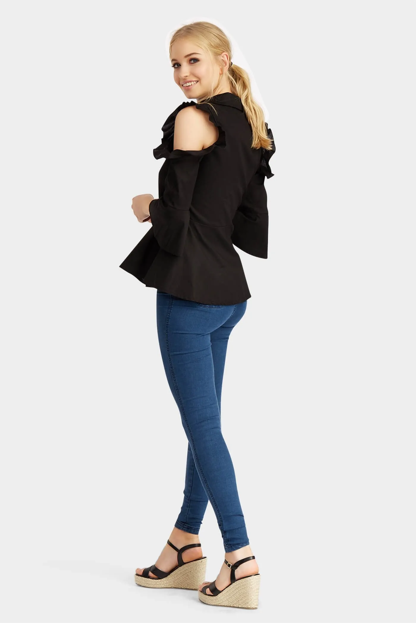 Black Cut Shoulder Frill Shirt