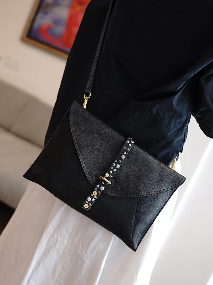 Black Envelope Leather Shoulder Bag Large Clutch Women Crossbody Purse for Women