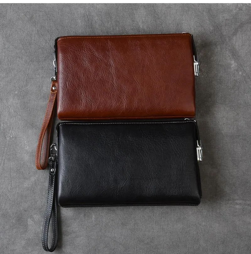 Black Leather Mens Brown Business Long Wallet Clutch Bag Wristlet Wallet For Men