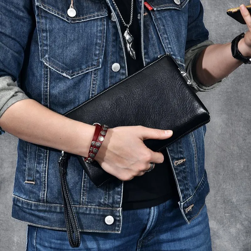 Black Leather Mens Brown Business Long Wallet Clutch Bag Wristlet Wallet For Men