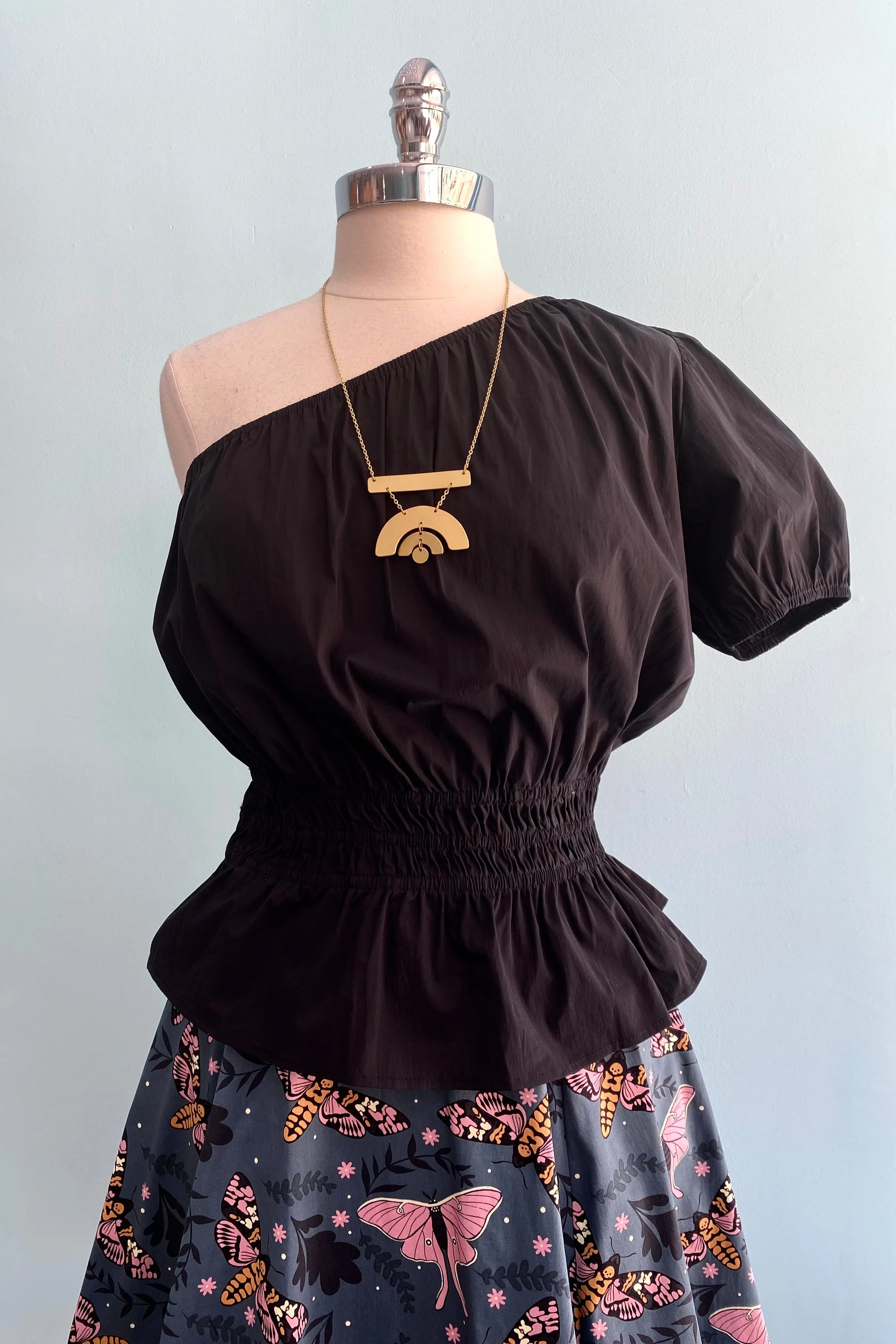 Black One-Shoulder Smocked Waist Top