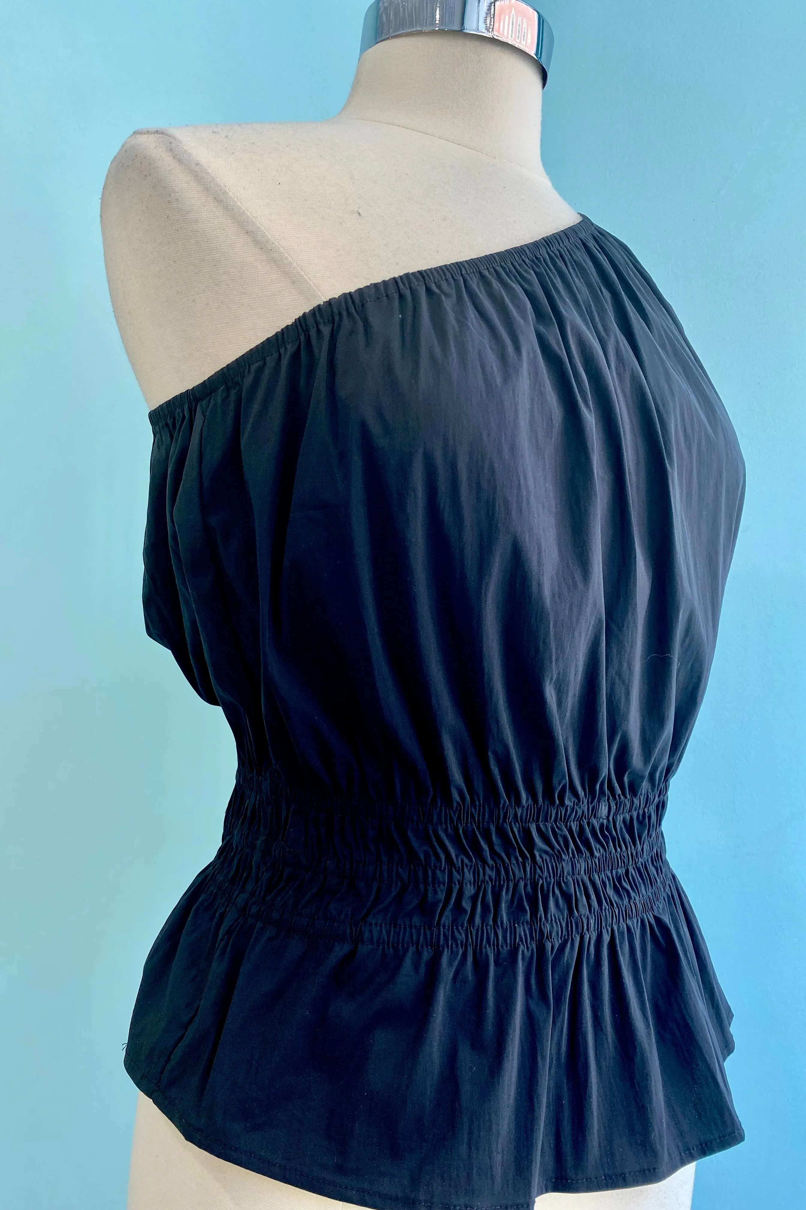 Black One-Shoulder Smocked Waist Top