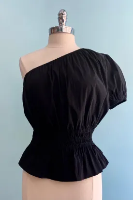 Black One-Shoulder Smocked Waist Top