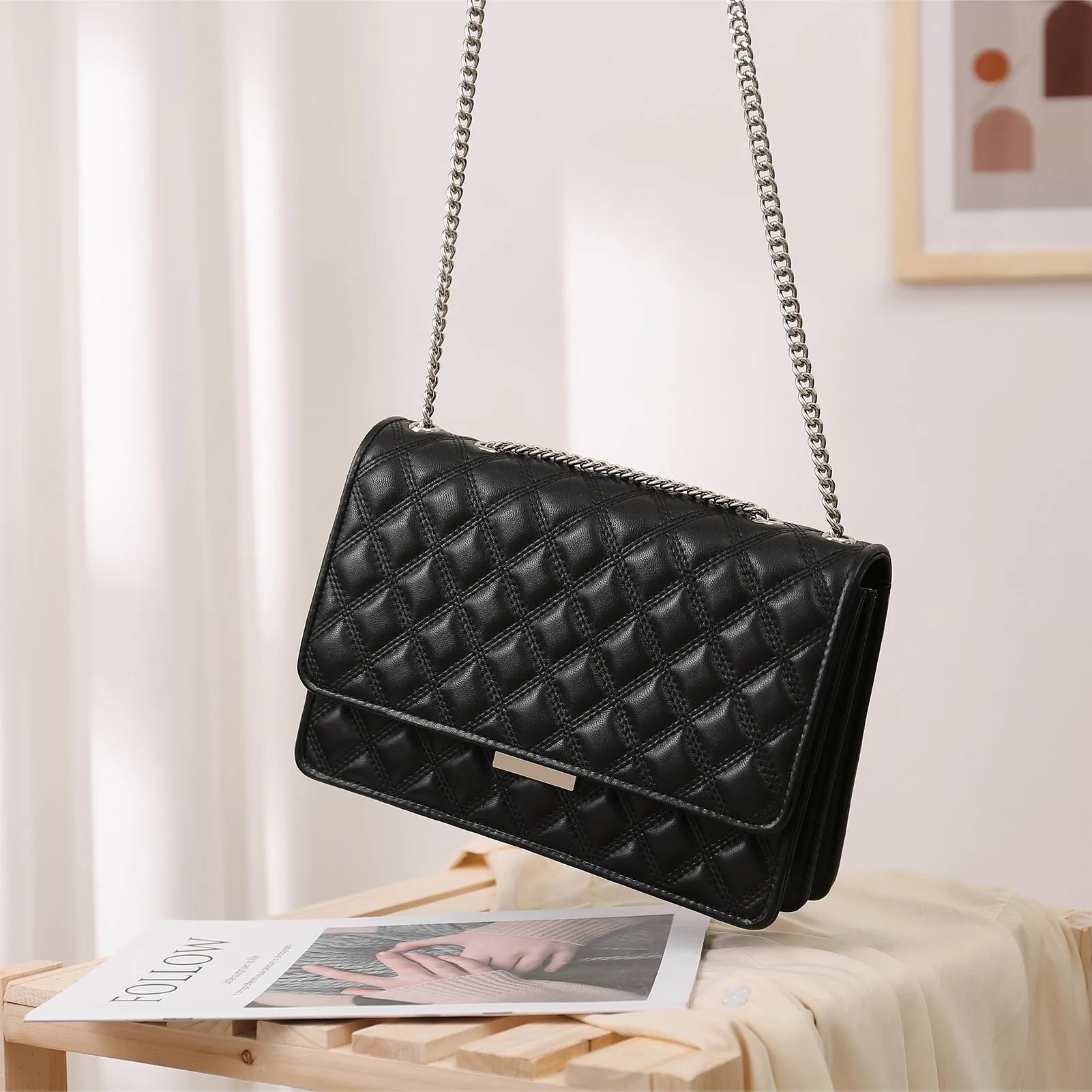 BOSTANTEN Women Handbags Designer Lambskin Leather Quilted Purses Crossbody Shoulder Bag with Chain Strap