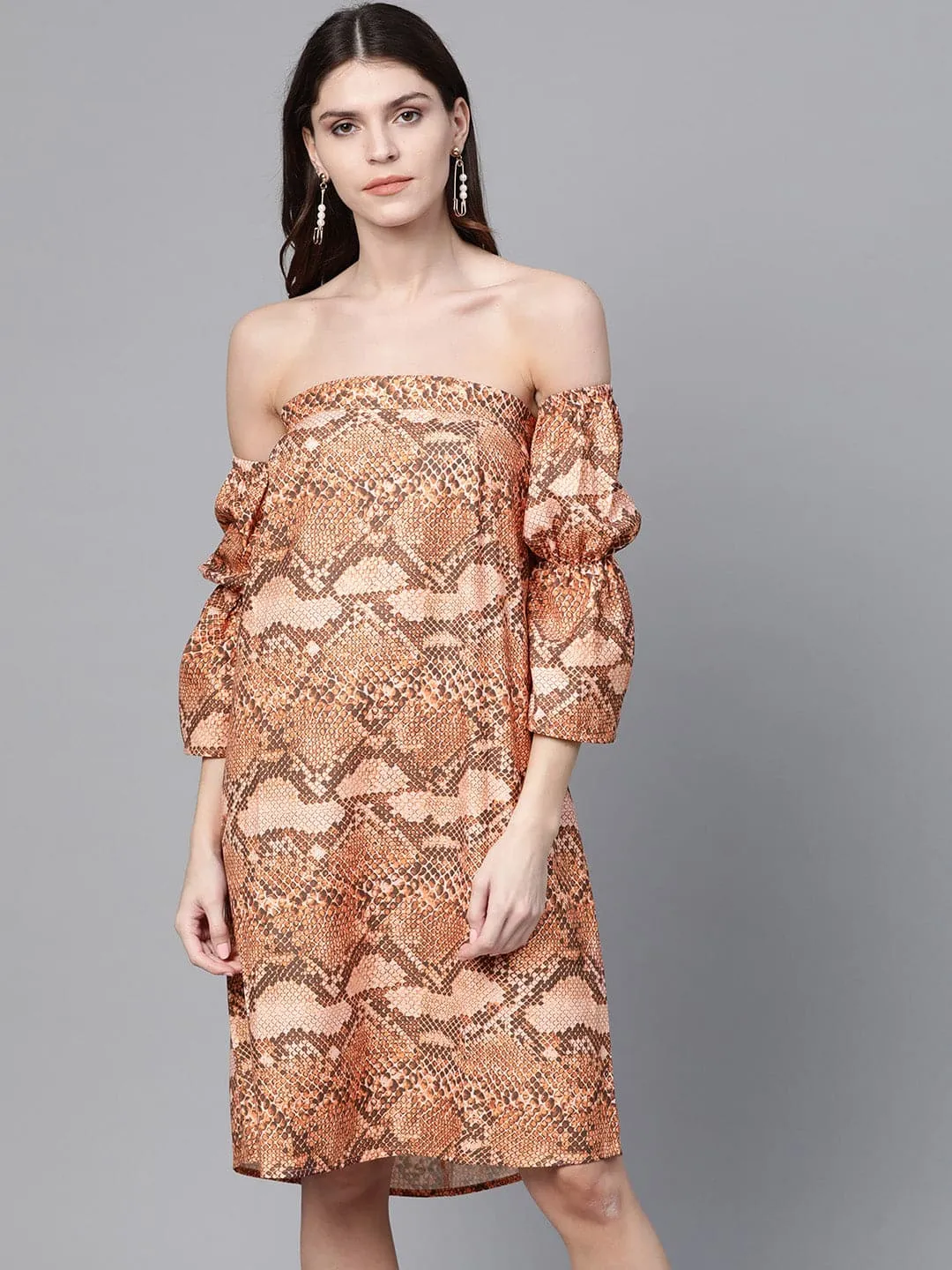 Brown Snake Print Bardot Shift Dress