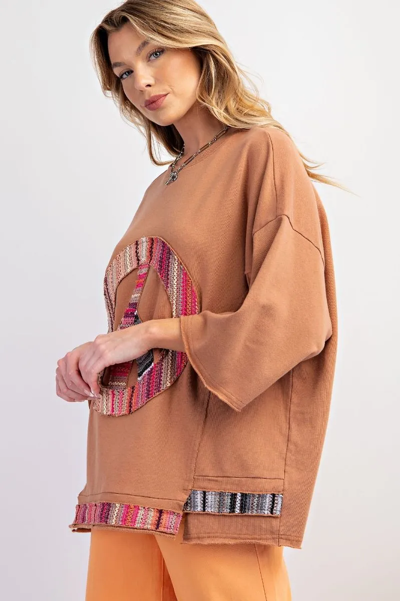 Camel Brown Peace Patch Knit Top