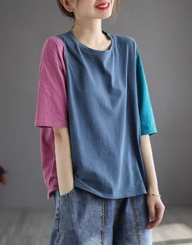 Color Stitching Loose Casual Cotton T-shirt