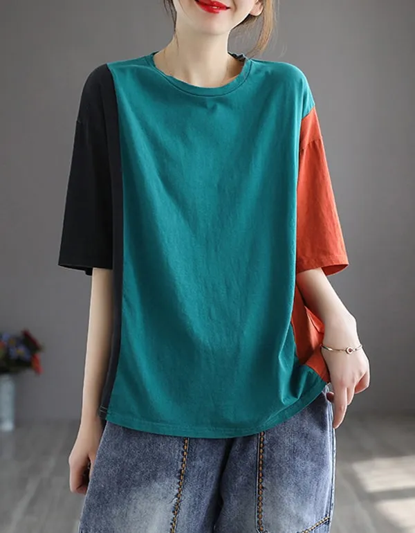 Color Stitching Loose Casual Cotton T-shirt