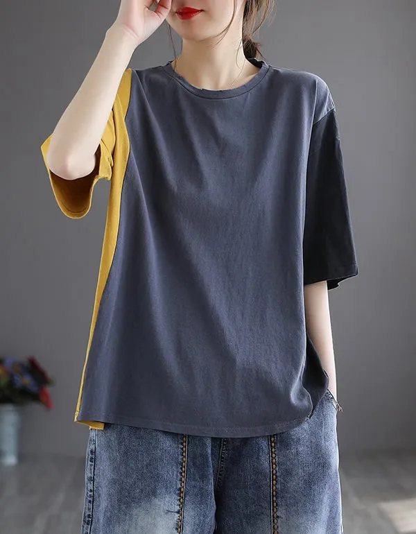 Color Stitching Loose Casual Cotton T-shirt