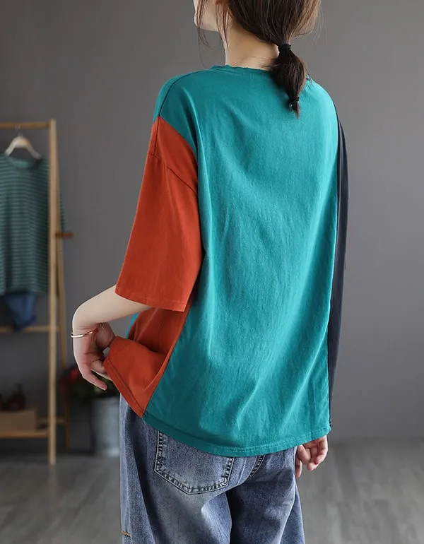 Color Stitching Loose Casual Cotton T-shirt