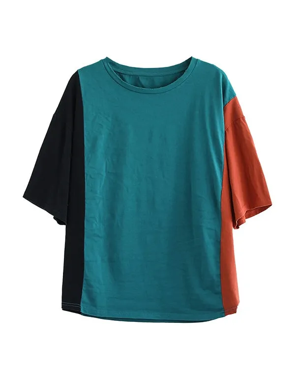 Color Stitching Loose Casual Cotton T-shirt