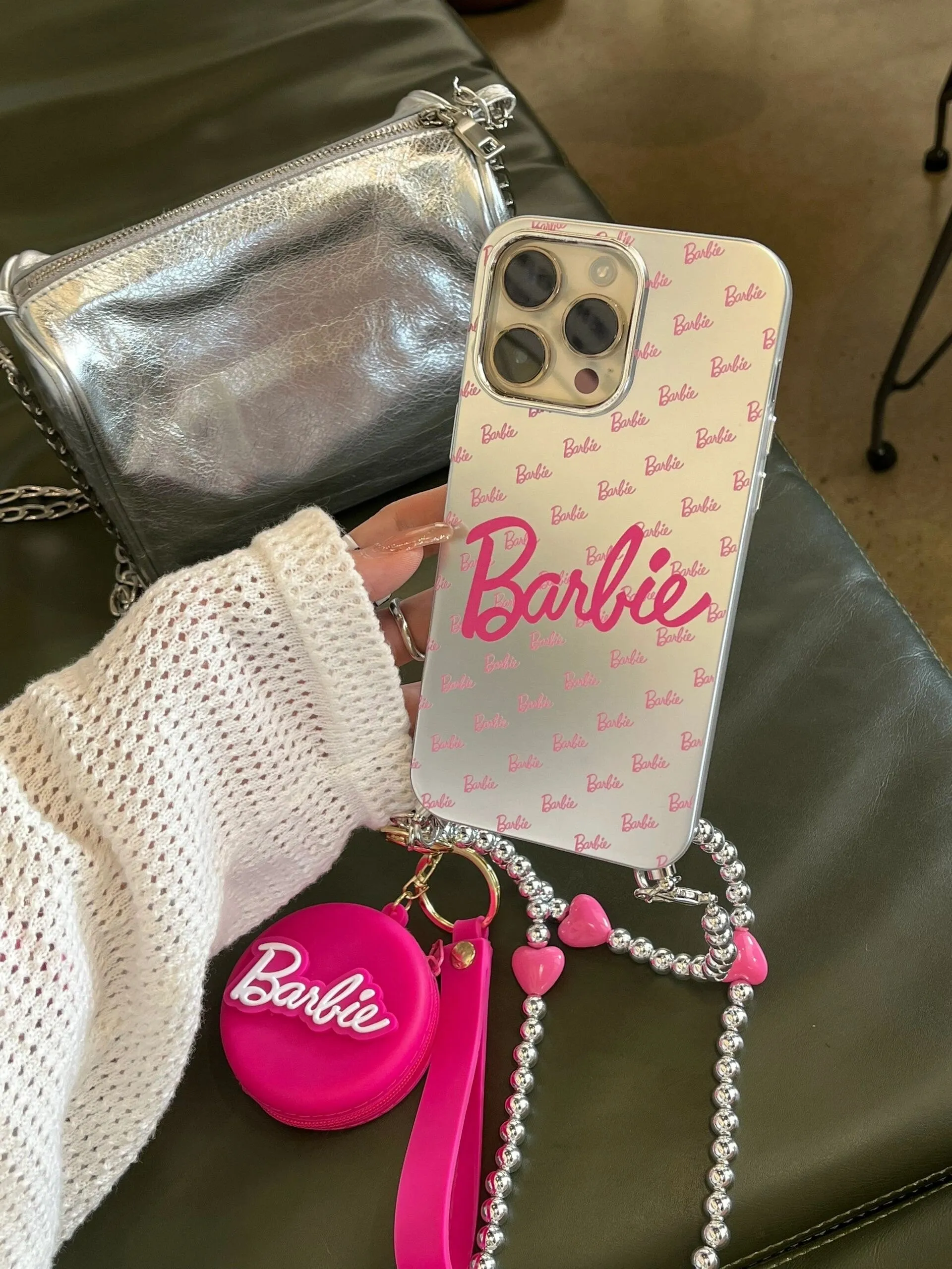 Cute Electroplated Silver Pink Barbie Design with Pearl Crossbody Strap Protective Shockproof iPhone Case for iPhone 11 12 13 14 15 Pro Max