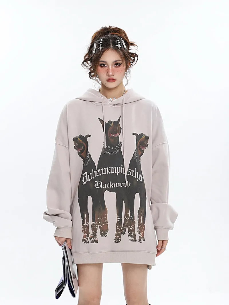 Doberman Graphic Letter Print Solid Color Long Sleeve Hoodie