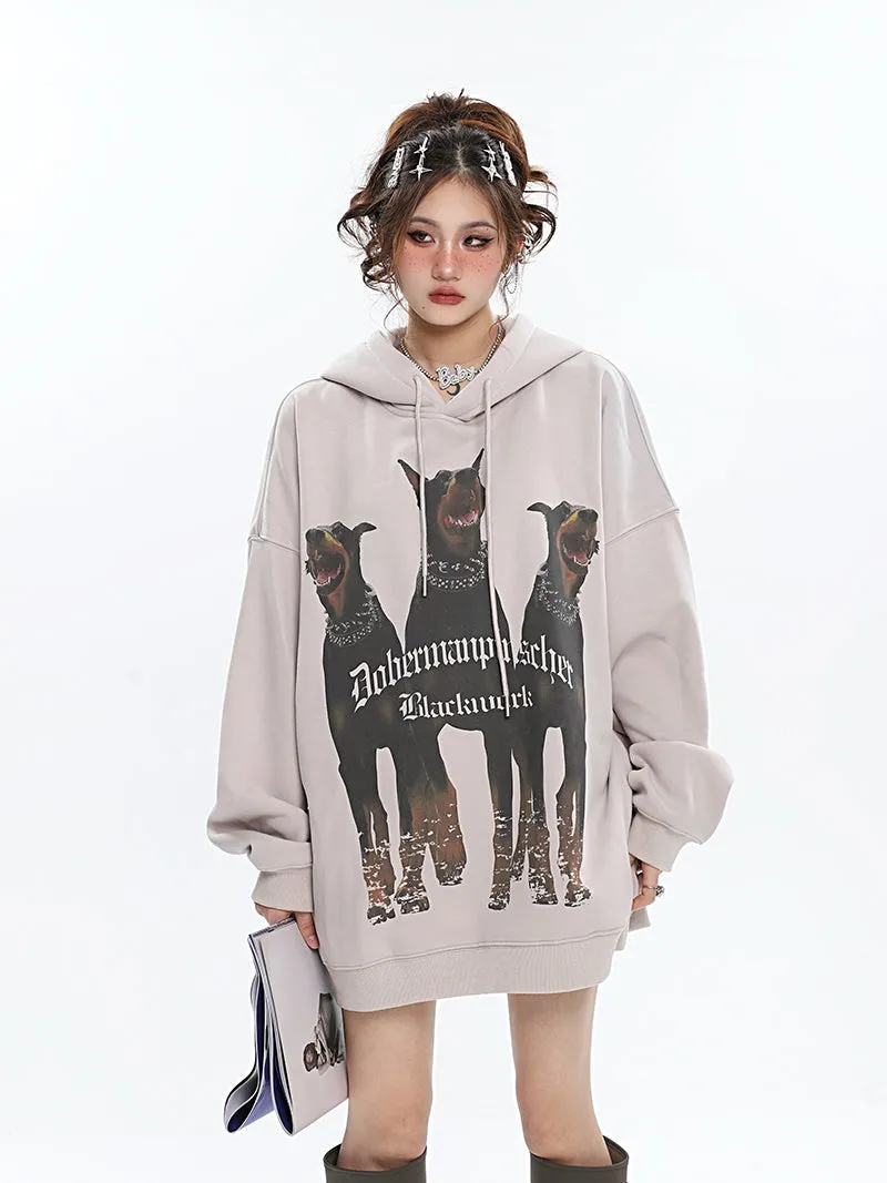 Doberman Graphic Letter Print Solid Color Long Sleeve Hoodie