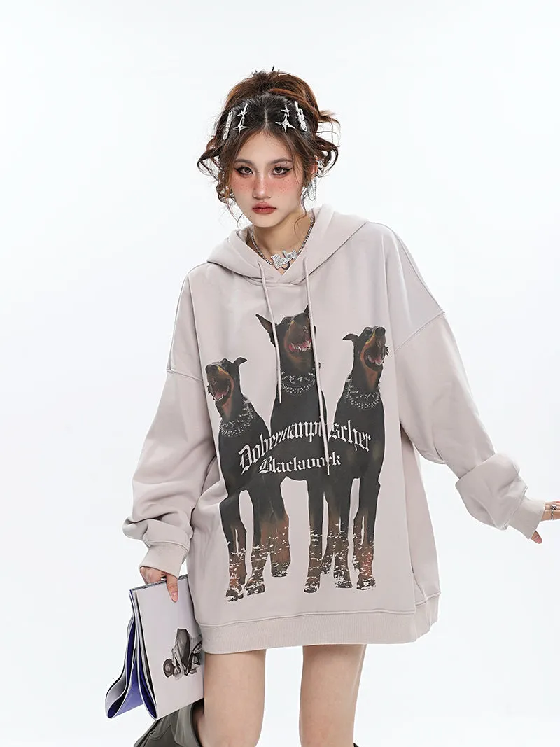 Doberman Graphic Letter Print Solid Color Long Sleeve Hoodie