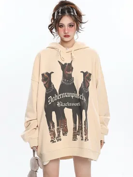 Doberman Graphic Letter Print Solid Color Long Sleeve Hoodie