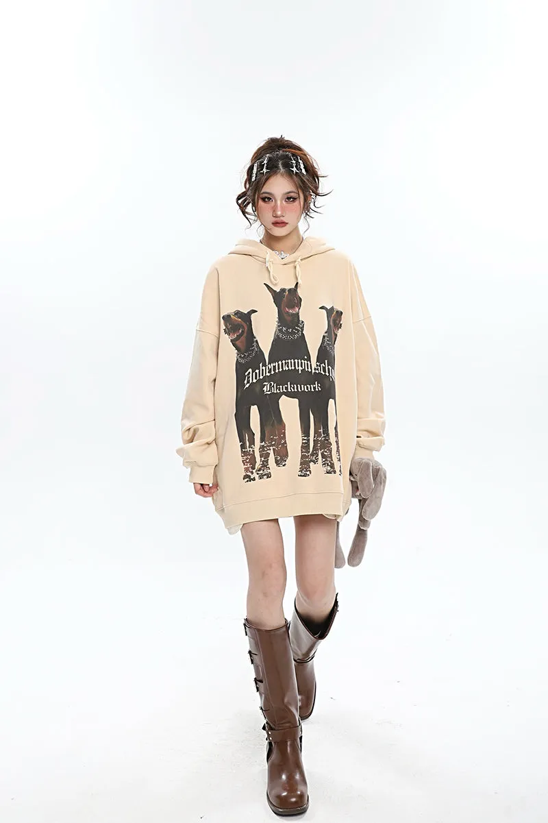 Doberman Graphic Letter Print Solid Color Long Sleeve Hoodie