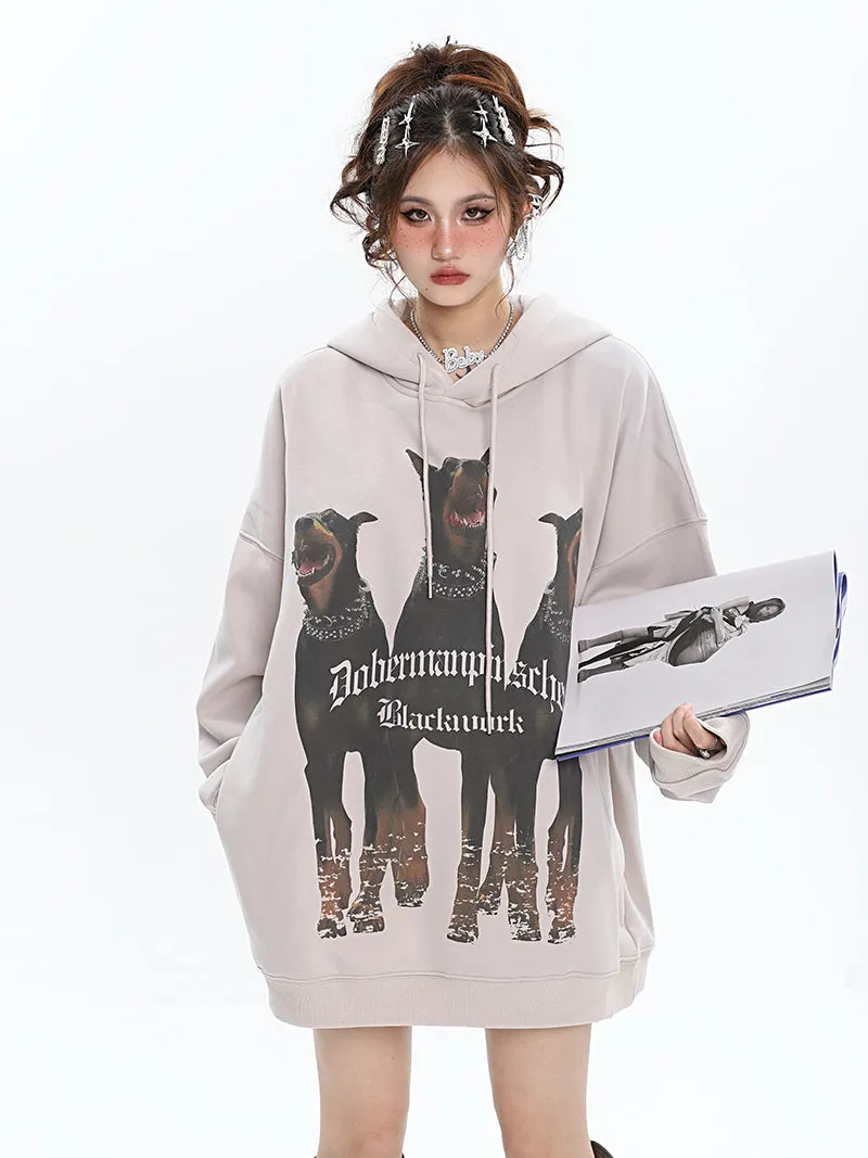 Doberman Graphic Letter Print Solid Color Long Sleeve Hoodie