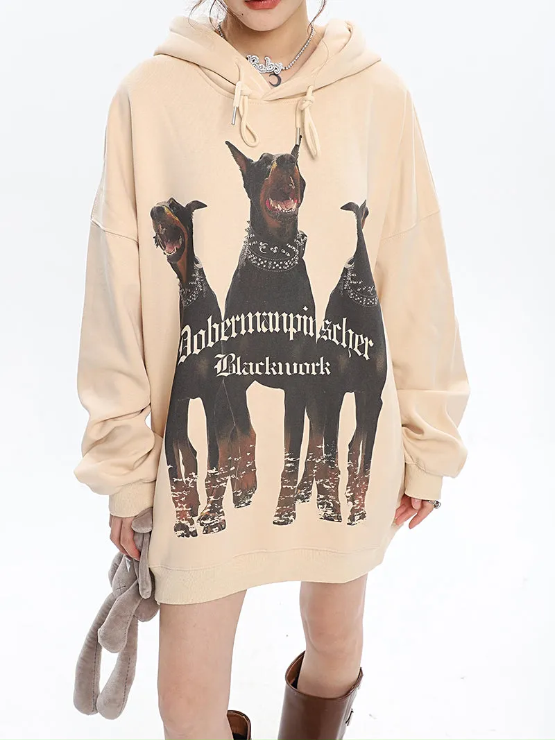 Doberman Graphic Letter Print Solid Color Long Sleeve Hoodie