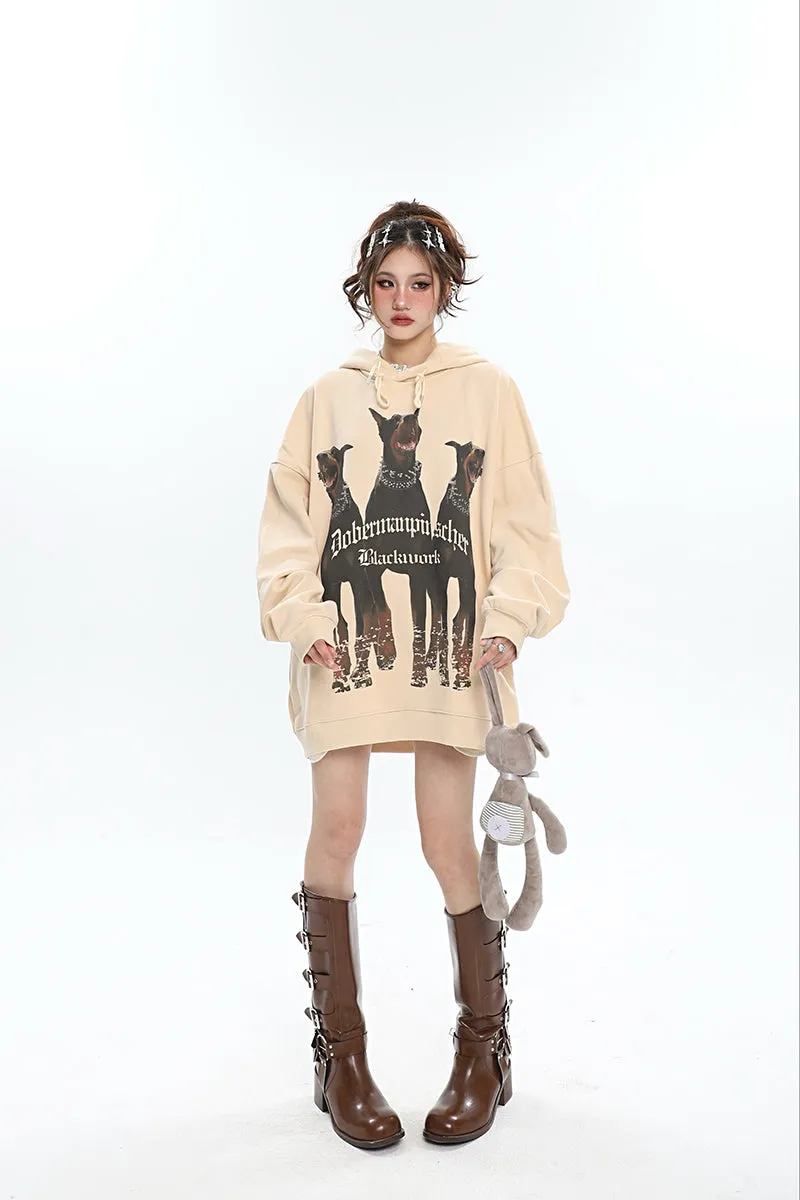 Doberman Graphic Letter Print Solid Color Long Sleeve Hoodie