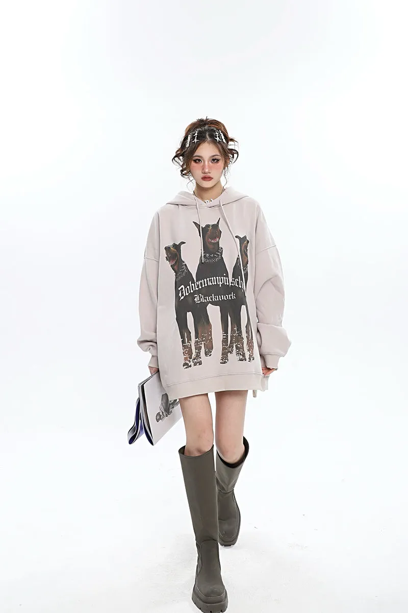 Doberman Graphic Letter Print Solid Color Long Sleeve Hoodie