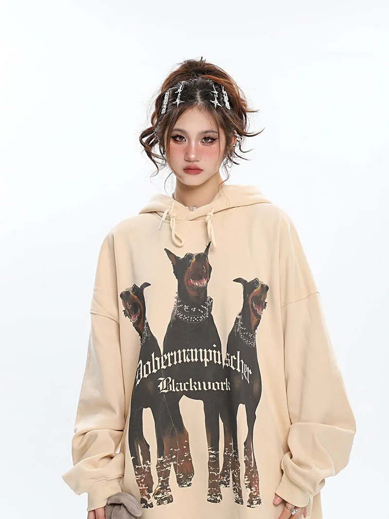 Doberman Graphic Letter Print Solid Color Long Sleeve Hoodie