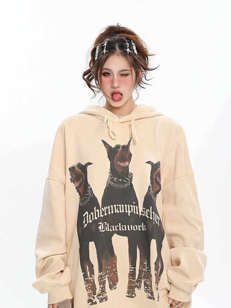 Doberman Graphic Letter Print Solid Color Long Sleeve Hoodie