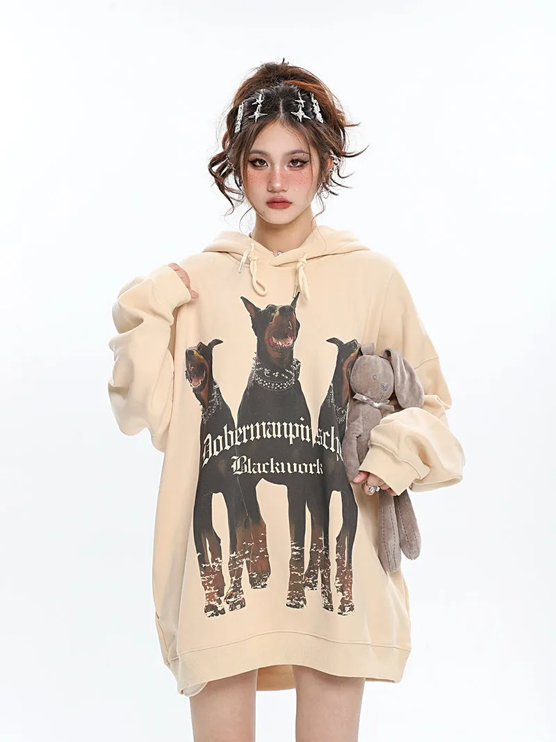 Doberman Graphic Letter Print Solid Color Long Sleeve Hoodie