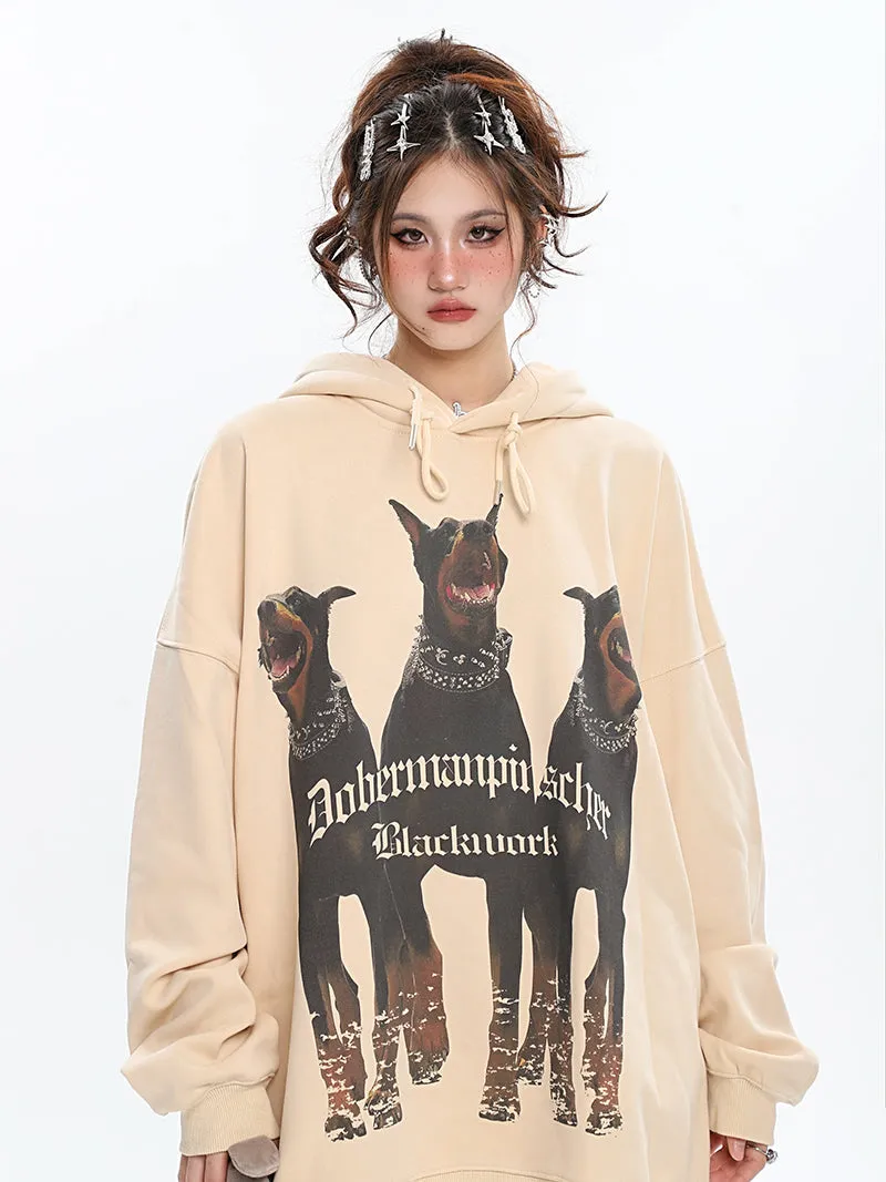 Doberman Graphic Letter Print Solid Color Long Sleeve Hoodie