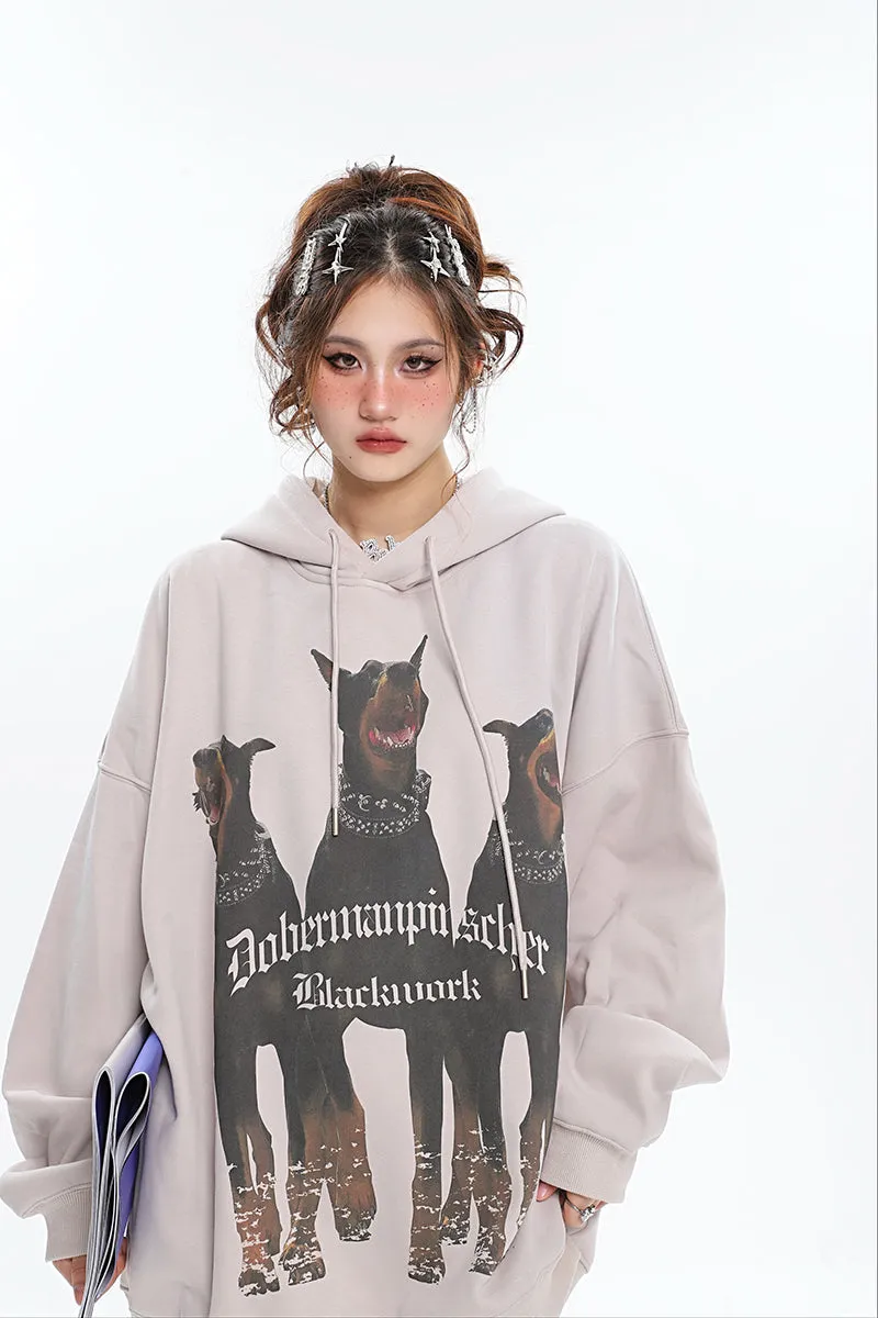 Doberman Graphic Letter Print Solid Color Long Sleeve Hoodie