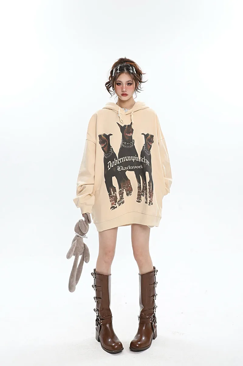 Doberman Graphic Letter Print Solid Color Long Sleeve Hoodie