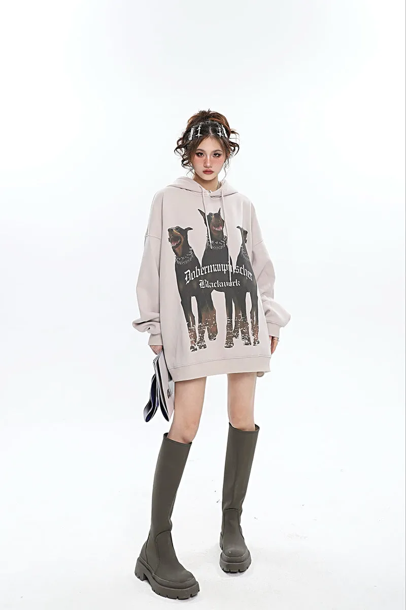 Doberman Graphic Letter Print Solid Color Long Sleeve Hoodie