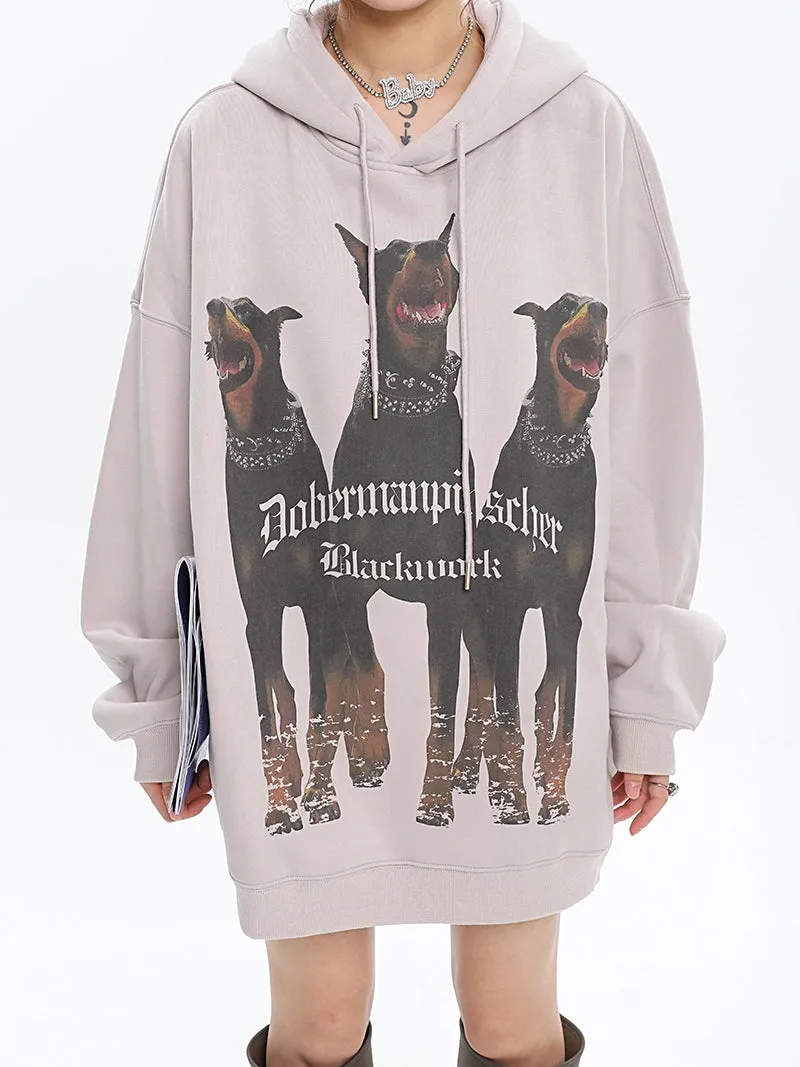 Doberman Graphic Letter Print Solid Color Long Sleeve Hoodie