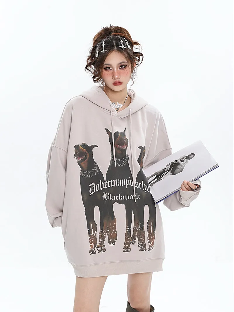 Doberman Graphic Letter Print Solid Color Long Sleeve Hoodie