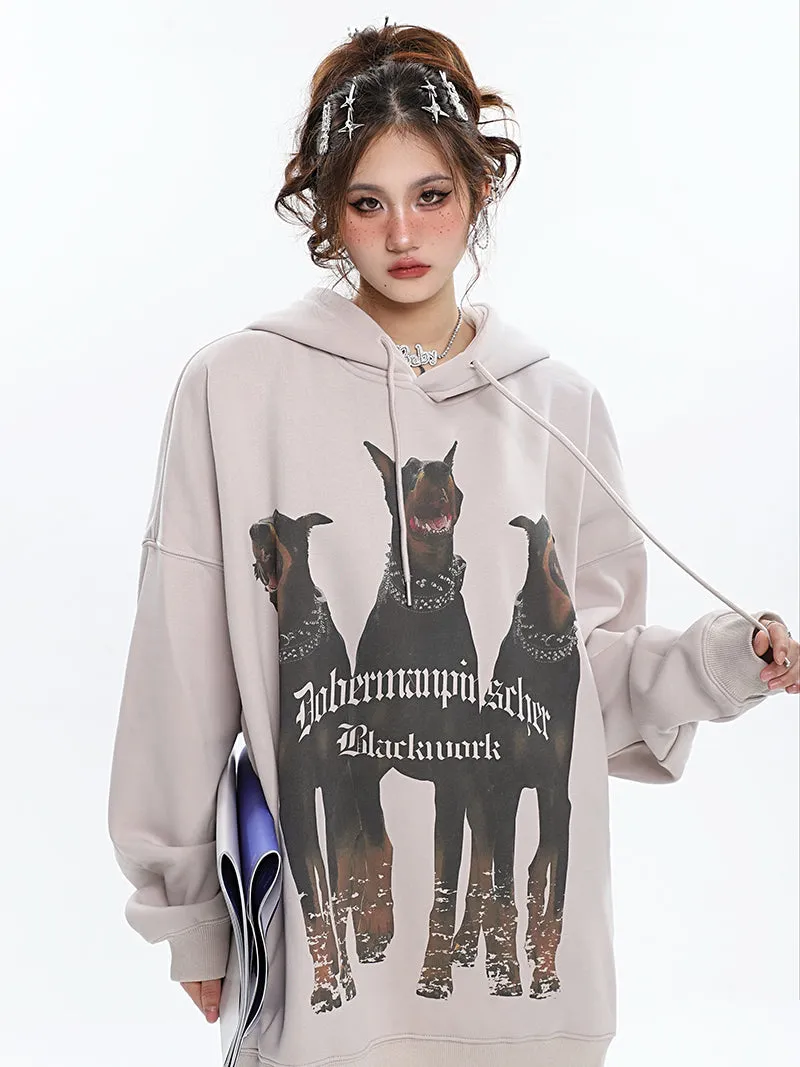 Doberman Graphic Letter Print Solid Color Long Sleeve Hoodie